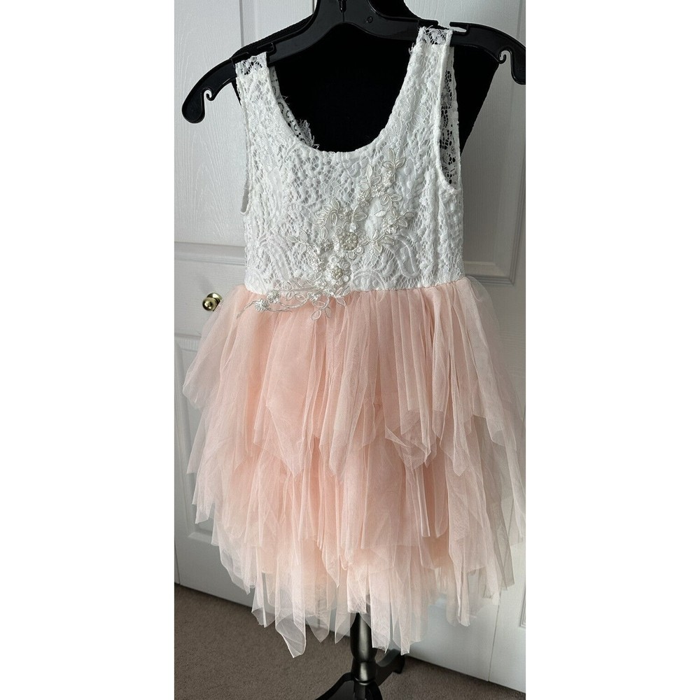 2BUNNIES Girls Sleeveless White Lace Top Sheet 3 Tiered Pink Dress NEW! Sz 9/10